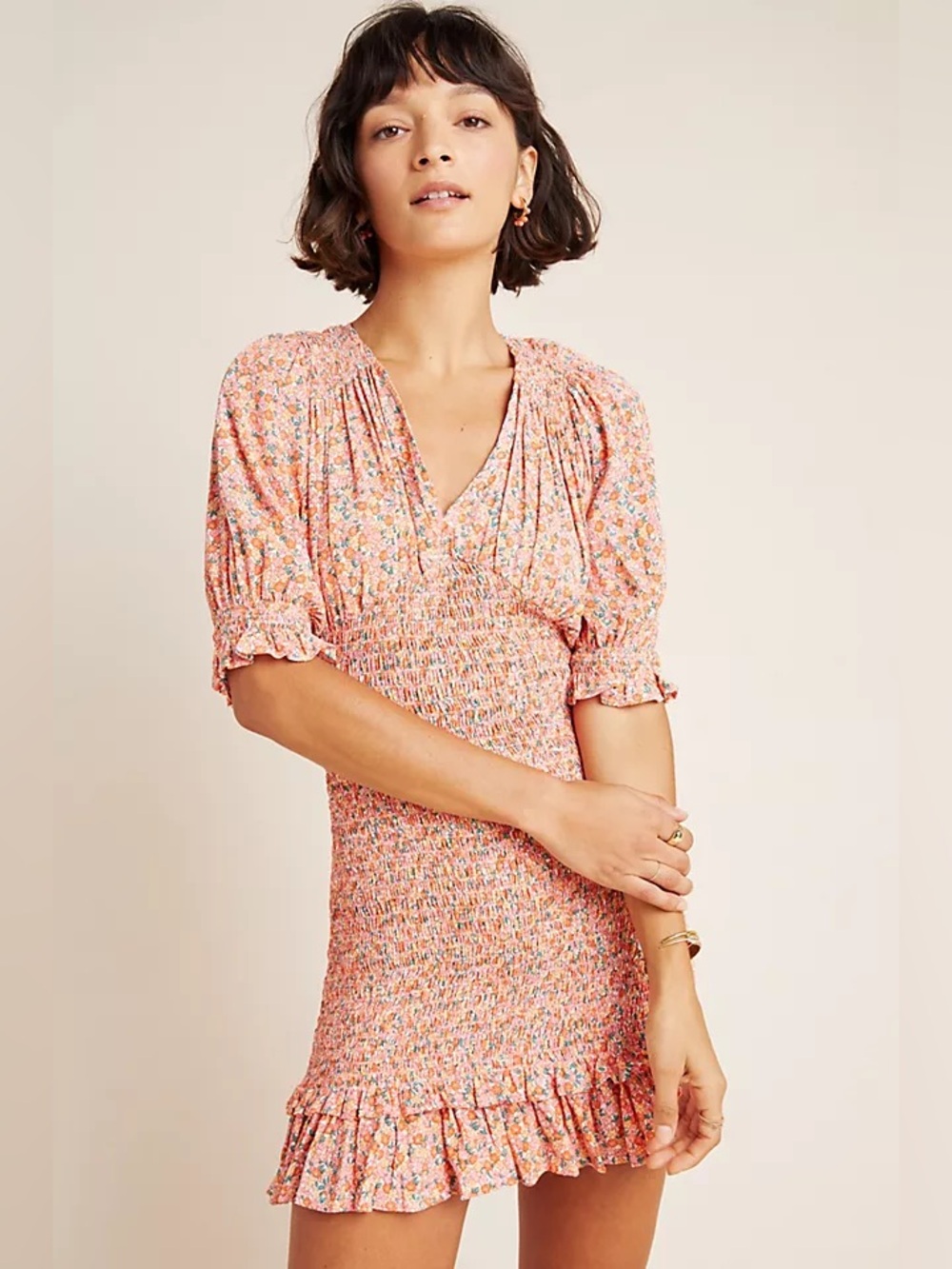Faithfull the Brand Peach Floral Smocked Mini Dress